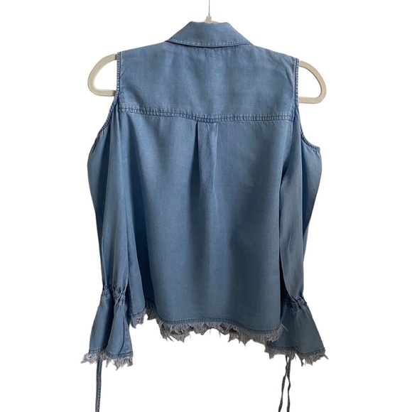 Splendid cold shoulders button down shirt blue chambray denim frayed edges M - Picture 6 of 14